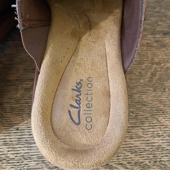 Clarks Wooden Brown Leather Clogs- Clarks Heeled Clog - Paizlee Poppy Size 10 - Picture 10 of 13